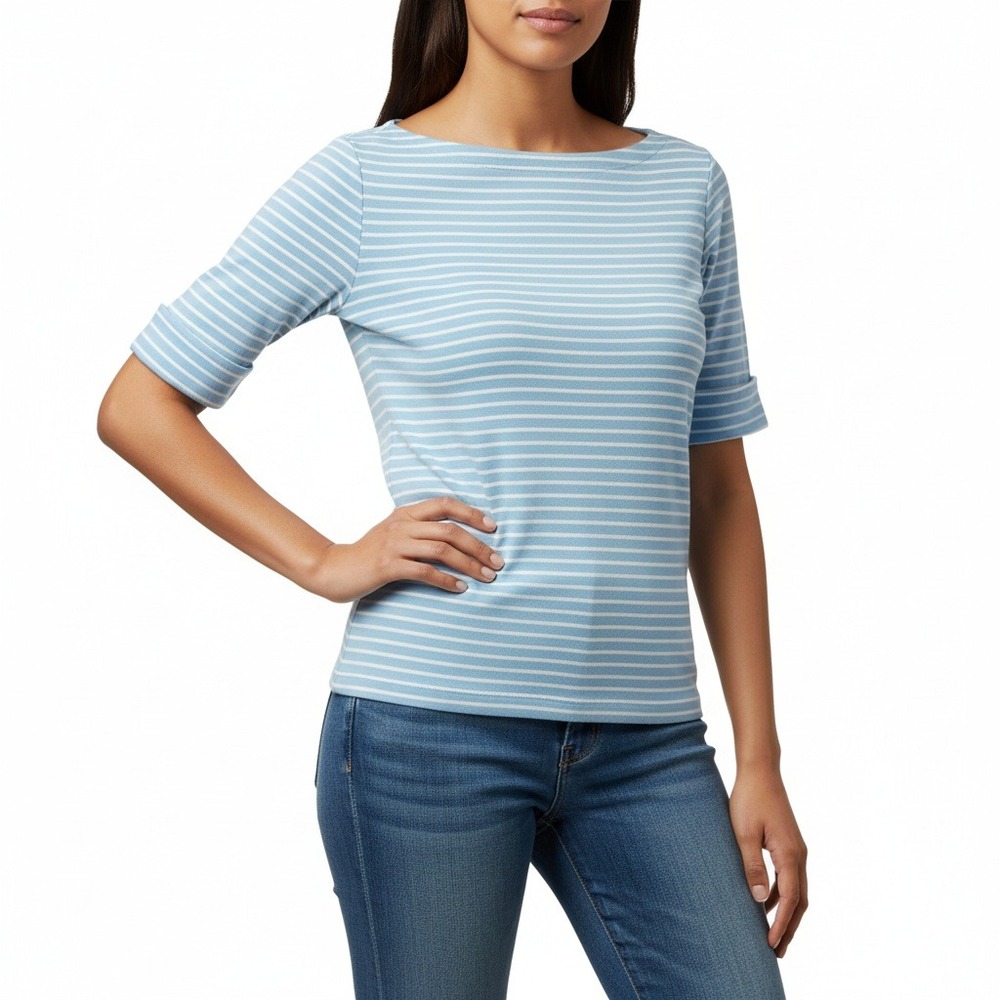 Lauren Ralph Lauren Women Striped Boat Neck Top 100% Cotton Preppy Casual L